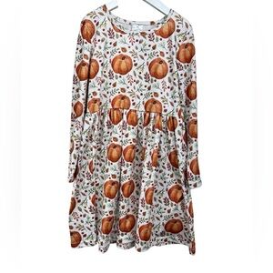 Pumpkin Leaf Fall Long Sleeve Twirl Dress Girls 7-8